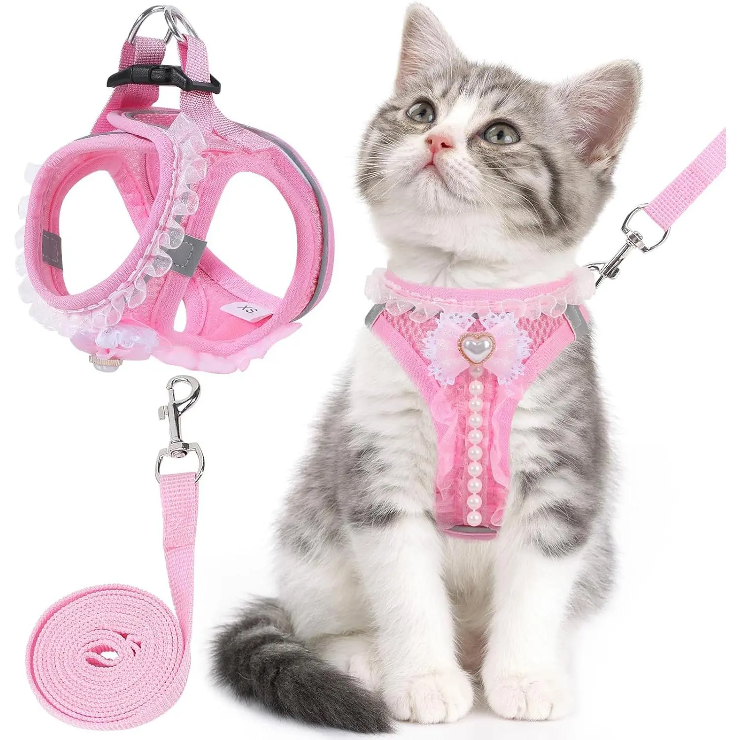 Adjustable Escape Proof Cat Harness with Leash Set, Outdoor Walking Vest Harness for Kitten & Cat, Pink M
