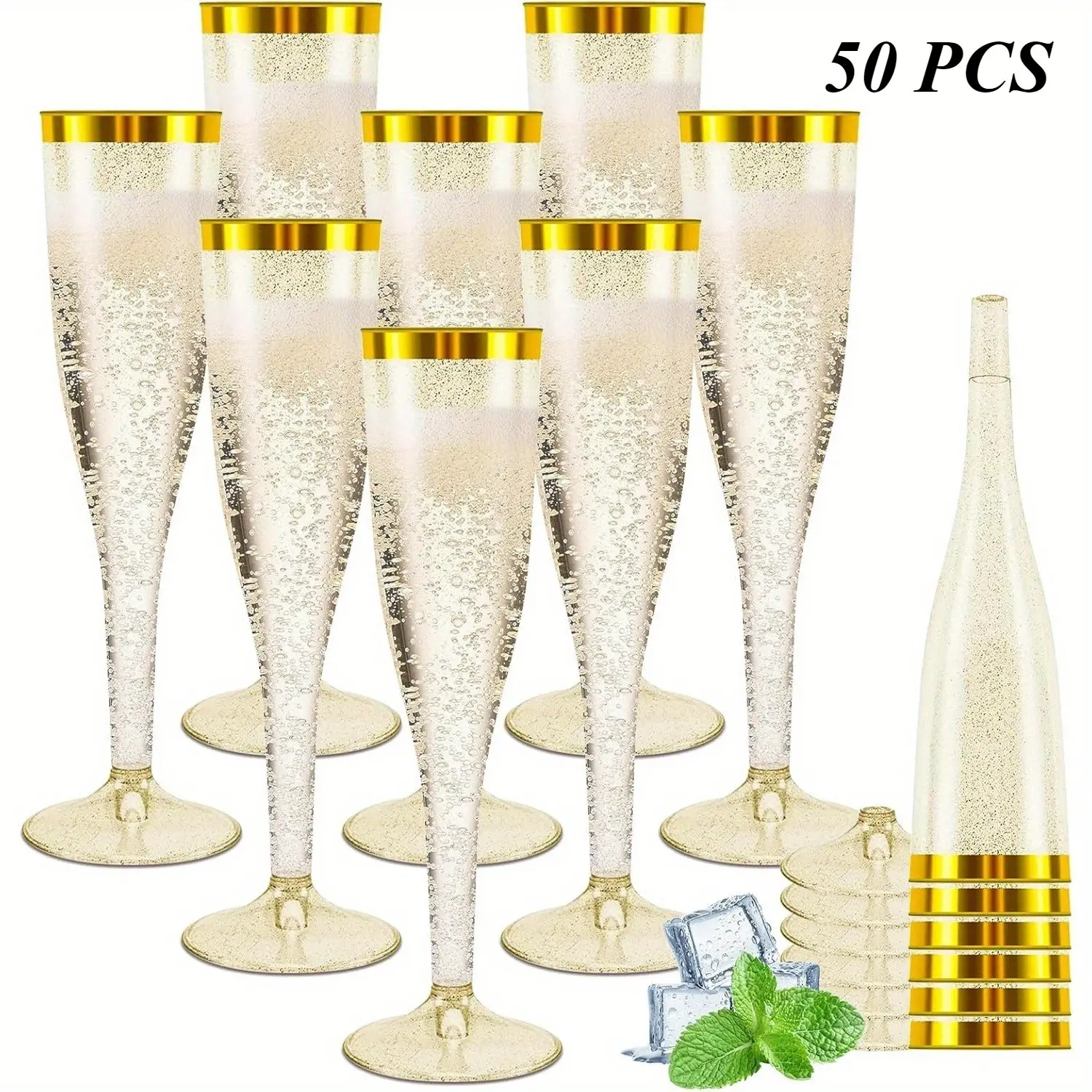 50 Gold Trim Plastic Champagne Cups, Disposable Party Cups for Weddings, Birthdays, Christmas, New Year, Hawaiian Theme Parties, Elegant Outdoor Toasting Cups