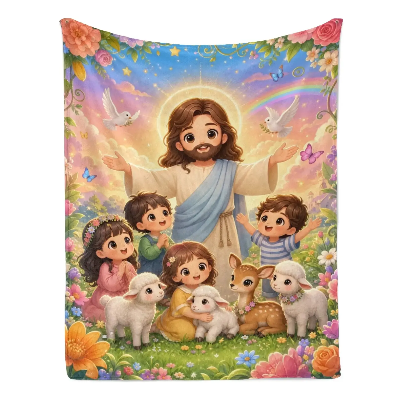 Cute Cartoon Jesus Lamb Dove Floral Garden Faith Christian Flannel Blanket – Soft Flannel Throw, Warm Cozy Lightweight Blanket for Sofa, Bed, Travel, Office, Perfect Easter Birthday Christmas Thanksgiving Holiday Religious Gift For Faith Believers Kids