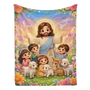 Cute Cartoon Jesus Lamb Dove Floral Garden Faith Christian Flannel Blanket – Soft Flannel Throw, Warm Cozy Lightweight Blanket for Sofa, Bed, Travel, Office, Perfect Easter Birthday Christmas Thanksgiving Holiday Religious Gift For Faith Believers Kids