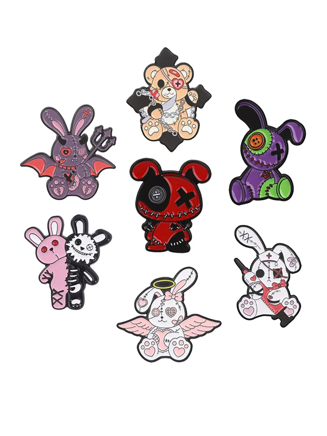 7PCS Voodoo Stitched Plush Pastel Goth Horror Anime Doll Enamel Pin, Halloween Horror Stitched Doll Bunny Metal Brooch ,Cartoon Badge for Backpack & Hat & Clothes Decor, Trendy All-match & Exquisite Brooch for Birthday Gift