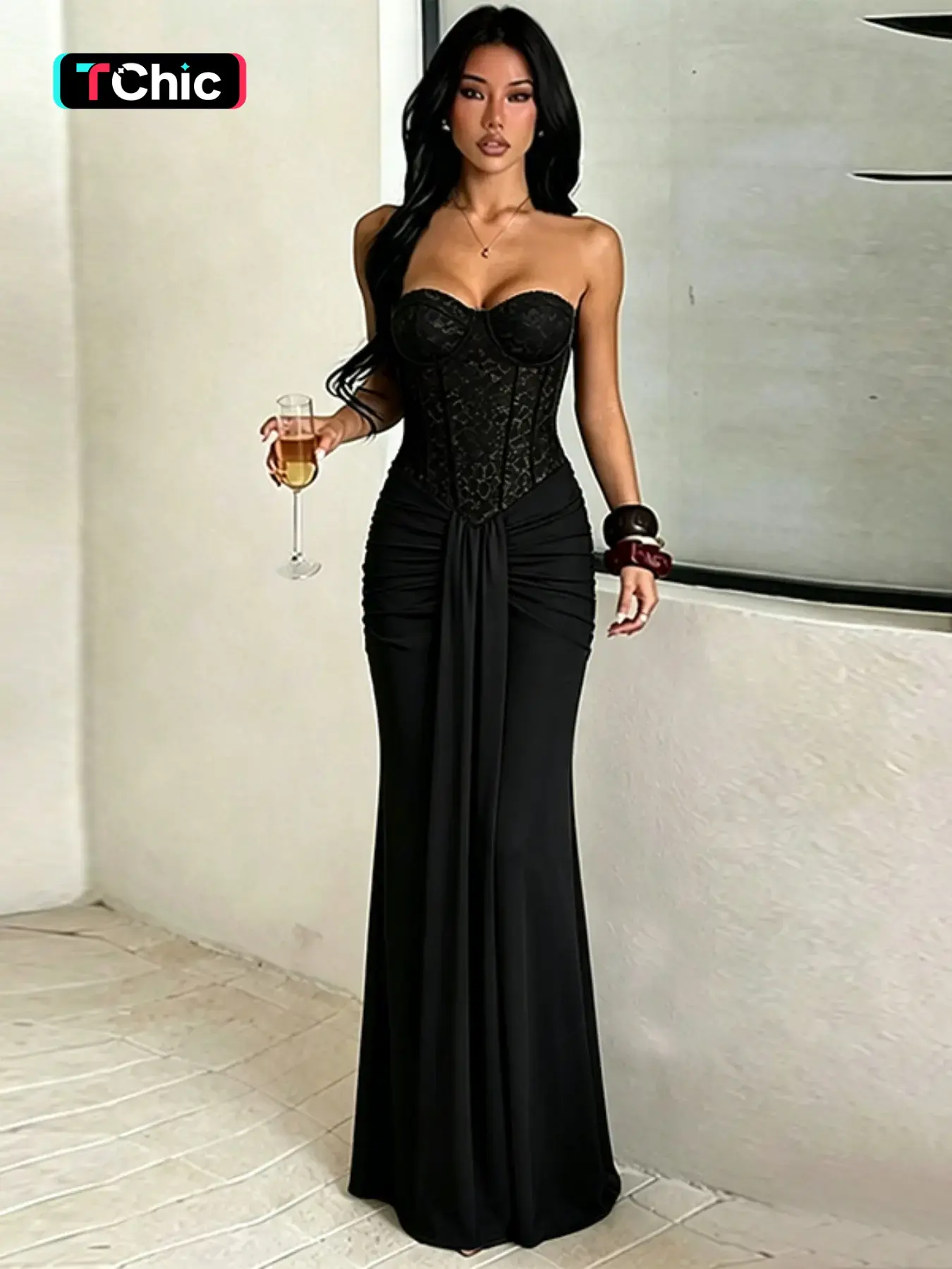 Women's Lace Patchwork Camisole Strapless Long Formal Dress, Elegant Evening Gown, Sexy Bodycon Midi Skirt, Perfect for Parties & Special Occasions