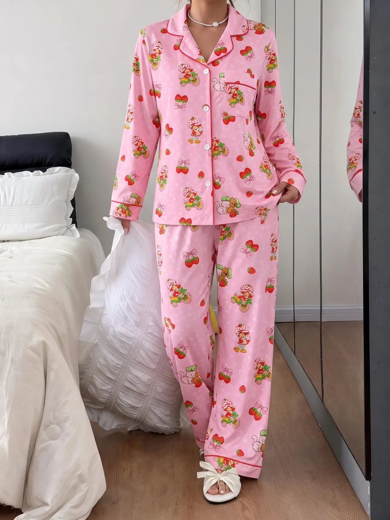 Spring Autumn Women's Pajama Set Loungewear, Long Sleeve Collared Top and Loose Pants, Casual Cute Print, Ideal for Daily Home Wear