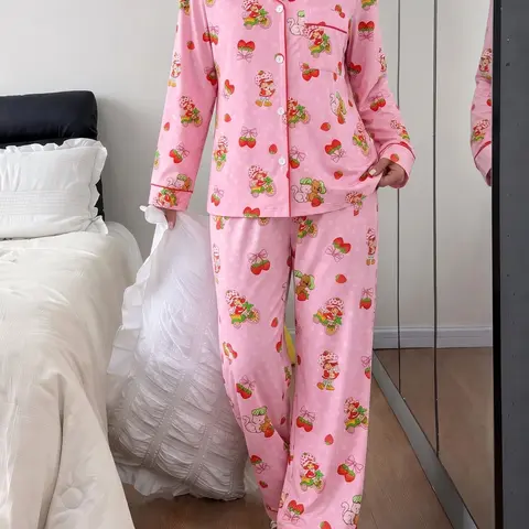 Spring Autumn Women's Pajama Set Loungewear, Long Sleeve Collared Top and Loose Pants, Casual Cute Print, Ideal for Daily Home Wear