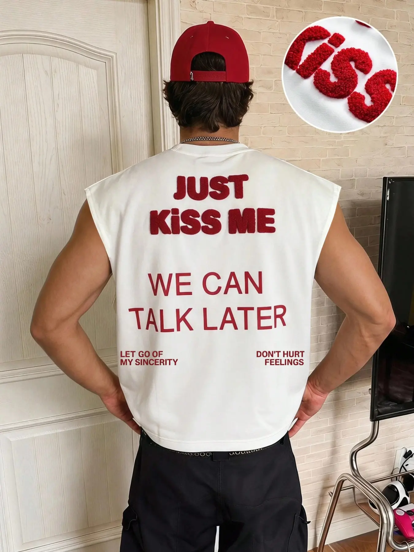 Cropped Wide-Shoulder Oversized Menswear Vest — Featuring Plush 3D Graphic Patterns | Y2K Casual Style | Gift for Boyfriend/Husband | Anniversary Gift | Ideal for Daily Wear, Streetwear, Back-to-School, and Commuting