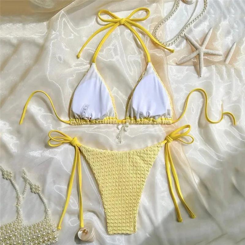Yellow Halter String Triangle Micro Bikini Thong Solid Swimwears Bow Pearl Sexy Swimsuit Women Bathing Suit Bikinis Sets 2026