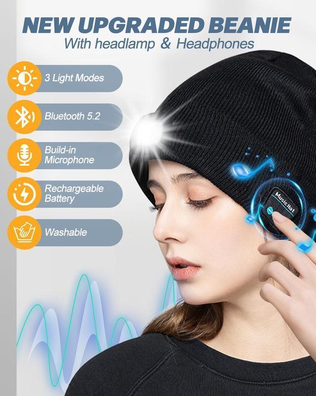 Bluetooth Beanie with a Light, Unisex USB Rechargeable 4 LED Fashlight Hat with Cordless Headphones, Unique Christmas Birthday Gifts for Men Him Husband Teen