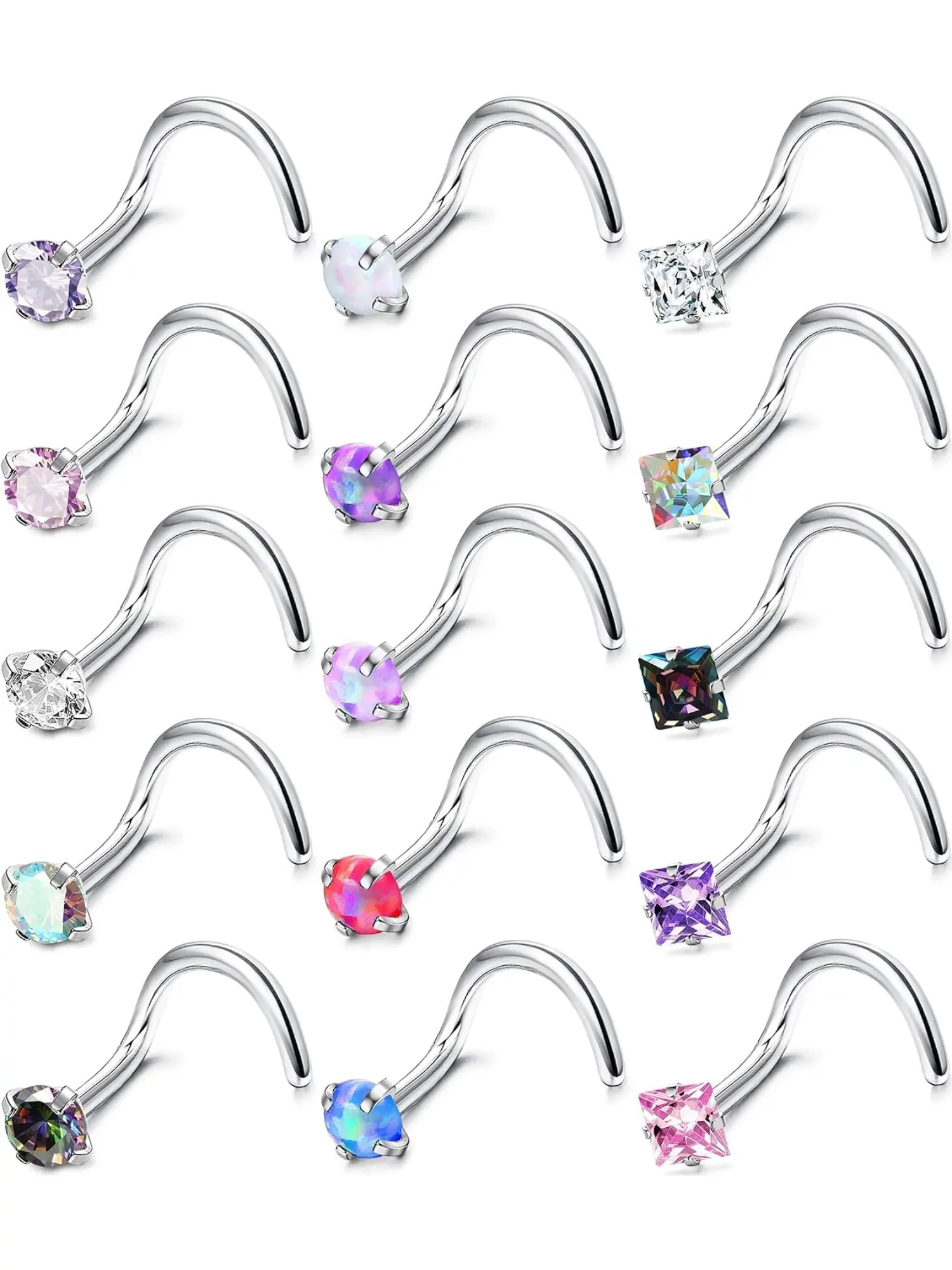 15Pcs Hypoallergenic Surgical Stainless Steel Nose Piercing Chic Body Jewelry Set for Men & Women, 20G CZ Nose Studs,S-Shaped & Screw Back Labret Lip Nose Rings for Daily, Festival & Party Wear
