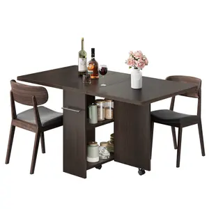 Space-Saving Folding Dining Table with Drop Leaf – 2-Tier Storage Shelf – 6 Lockable Wheels – Extendable Kitchen Table for Small Apartments – Dark Walnut