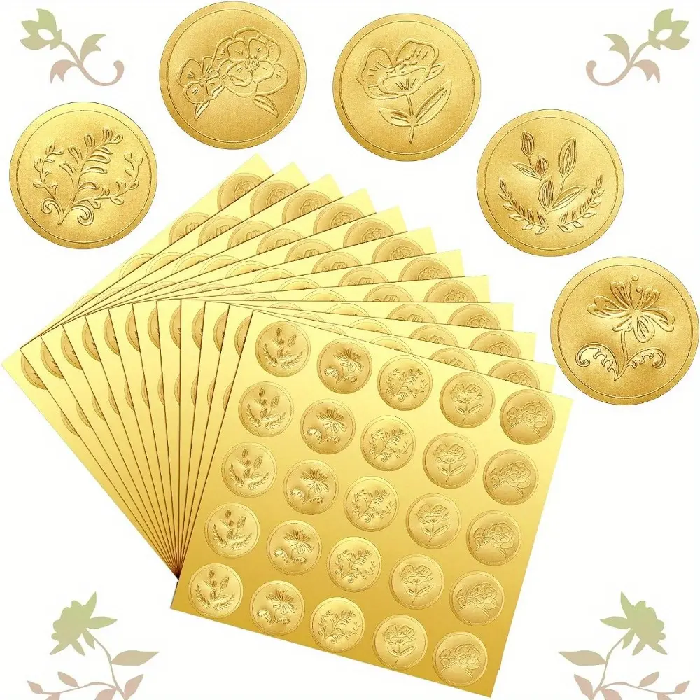 500 pieces of gold embossed envelope seal stickers, vintage embossed foil certificate kits, DIY wedding invitation letter envelope labels, 5 patterns (flower shapes)