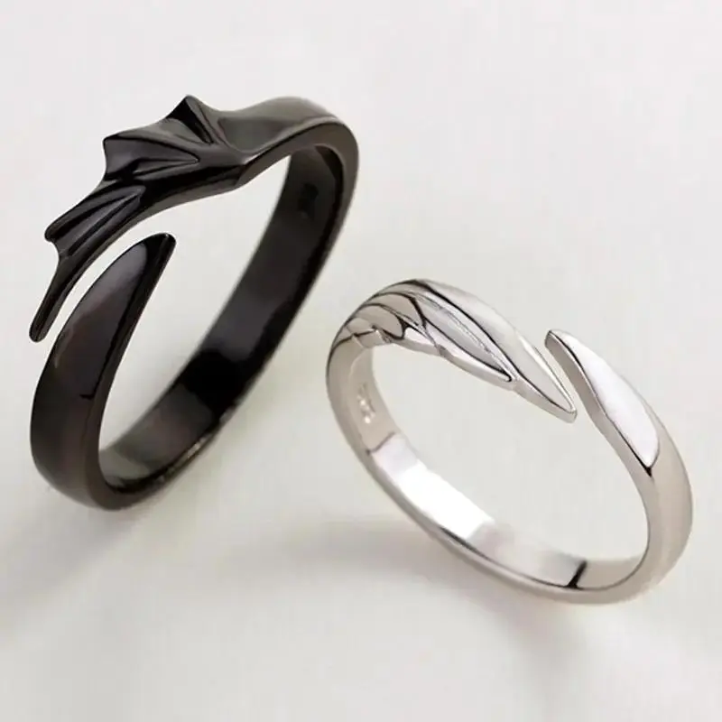 Korean Style Couple Ring Set with Vintage Angel and Demon Motif, Metal Coated Adjustable Jewelry for Women and Men's Casual Wear, Adjustable Size, Animal Motif, Casual Use, Metal Coating, Plain, Unisex Wear