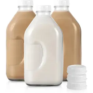 Half Gallon Glass Milk Bottle with Lid (3 Pack) 64 Oz Jugs and 6 White Caps, Reusable Food Grade Milk Container for Refrigerator, Bottles for Juice, Oat or Plant Milks, Water, Honey