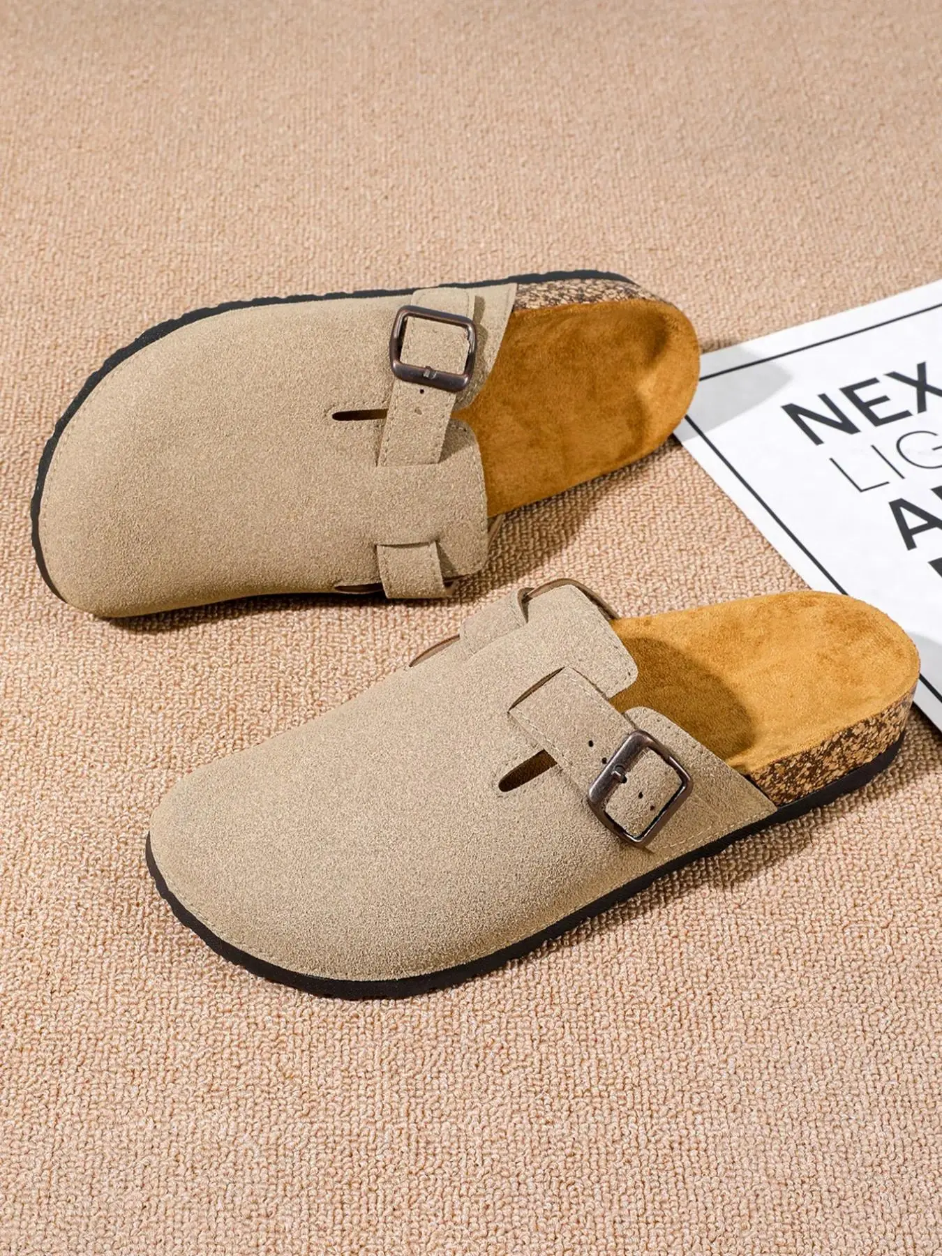 Men's Plus Size Comfortable Slippers, Thick Soled Mules Anti-Slip Cork Bottom, Half-Enclosed Mules, Warm Fashion Suede Shoes, Arch Support Outdoor Beach Sandals, Footwear