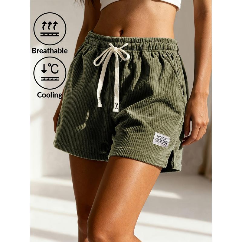 Women's Minimalist Corduroy Sport Shorts - Lady Female Cozy Loungewear Shorts with Elastic Waist Drawstring Tie, Thin Summer Casual Bottoms for Daily Leisure, Adjustable Fit, Cold Wash Compatible