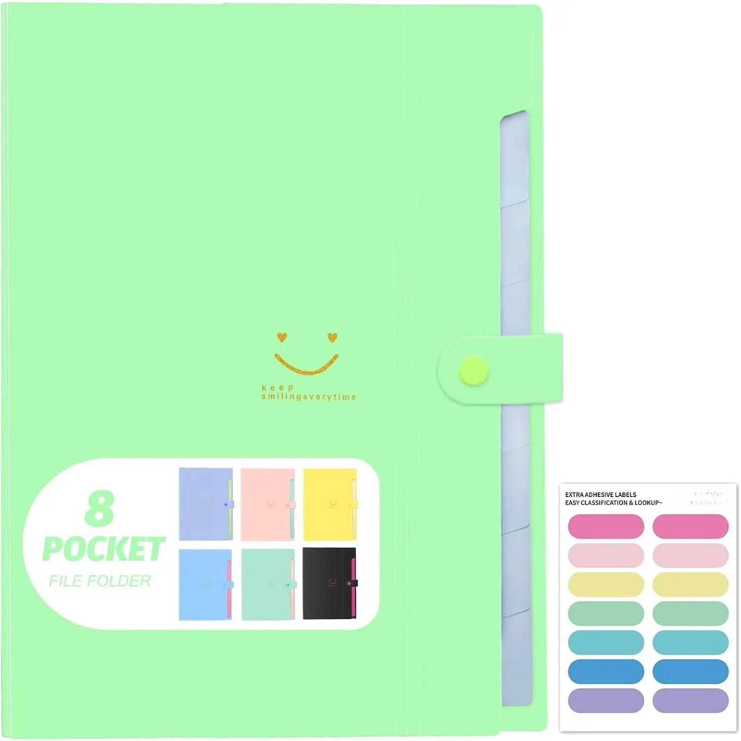 Expanding File Folder, 8 Pockets Accordion File Organizer, A4 Letter Size Paper Document Receipt Organizer Accordian Filing Folder for Classroom, , Office and Travel(Grass Green)