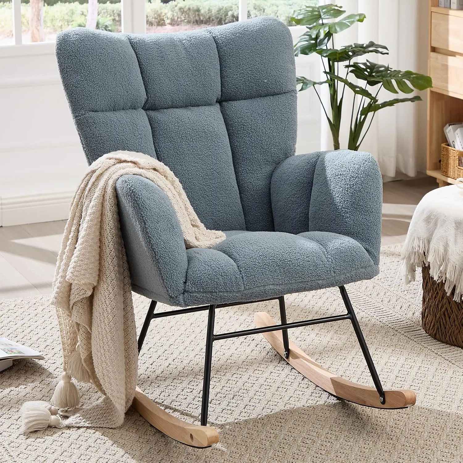 Nursery Rocking Chair, Teddy Upholstered Glider Chair with High Backrest, Tufted Rocker Glider Chair with Thick Cushion, Cozy Rocking Armchair, Rocker Padded Seat for Bedroom(Blue)