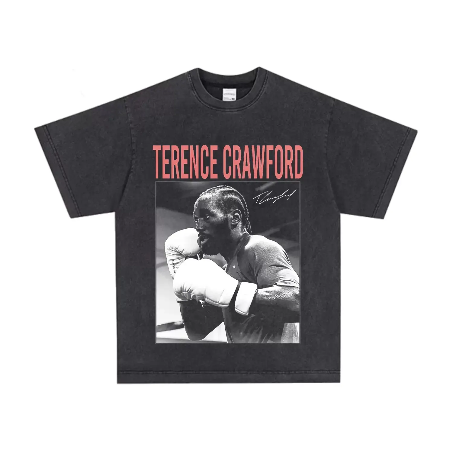 Mens Womens Distressed Washed Crawford Ring Fighting Pose Monochrome Square Frame Photo Print Cotton Crew Neck T shirt Wear Resistant Apparel for Urban Hangout Fitness Camping Road Trip Styling with Cross Pendant Bucket Hat