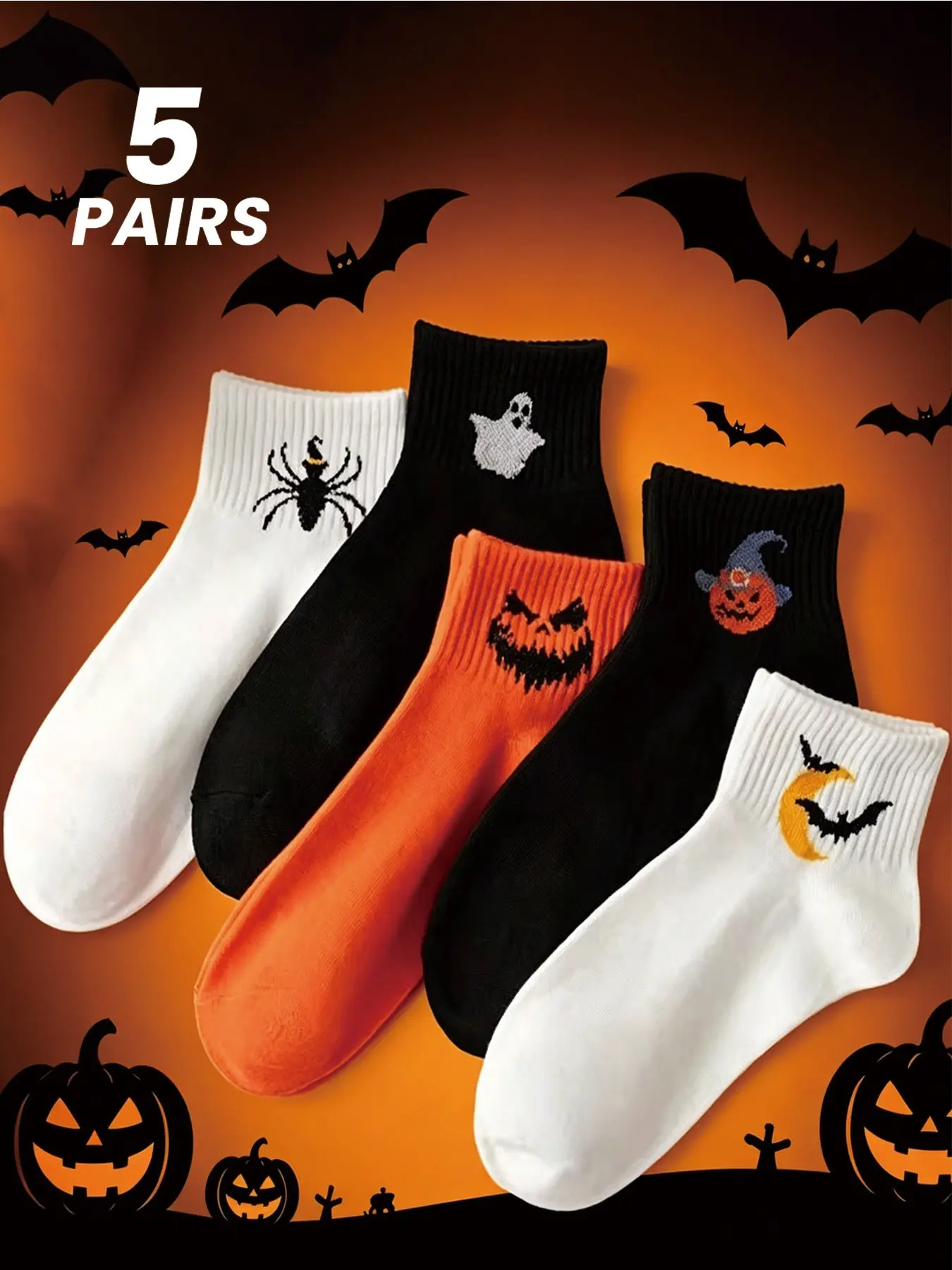5 Pairs Halloween Unisex Ankle Socks, Fun Cartoon Patterns, Soft Comfortable, Breathable, Party Wear, Casual Daily Outfits, Festive Accessories