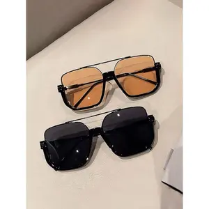 Unisex Wide Square Frame Double Bridge High Quality Lightweight Durable UV400 UV Blocking Casual Stylish Trendy Streetwear Sunglasses, for Daily & Outdoor Wear, Casual Stylish Glasses