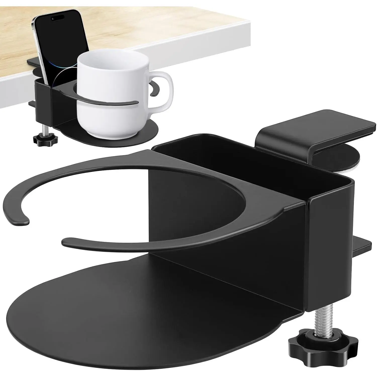 Desk Cup Holder for Coffee Mugs, Tumblers, Water Bottles with Mobile Phone Stand, Anti-Spill Metal School  Office Accessories (Black-1)