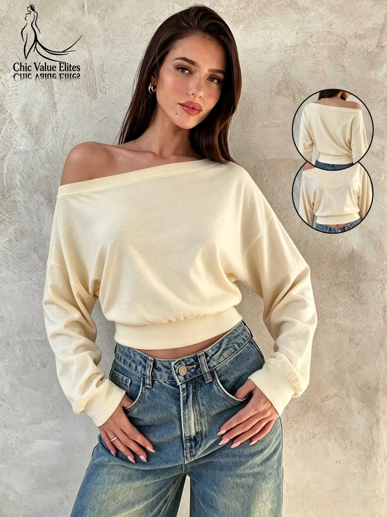 Trendy Off-Shoulder Long Sleeve Top, Asymmetrical Neck Fashionable Girl Short Crop Sweatshirt, Women's Revealing Stomach Sweater