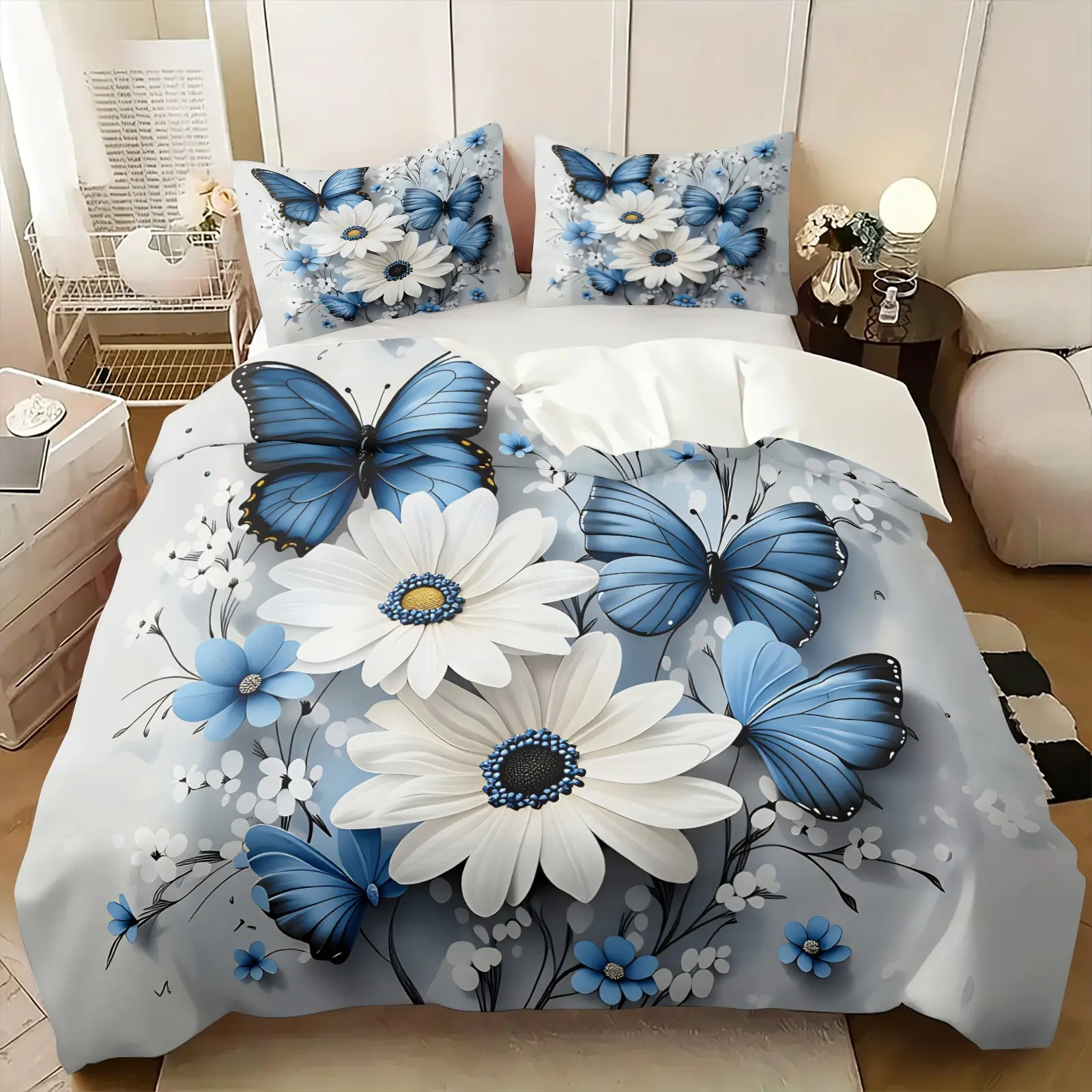 Blue Butterfly & White Daisy Duvet Cover Set, Include One Comforter Cover and 1/2 Pillowcases, Floral Butterfly Print Elegant Quilt Cover, Fresh Grey Base Botanical Bedroom Decor Bedding