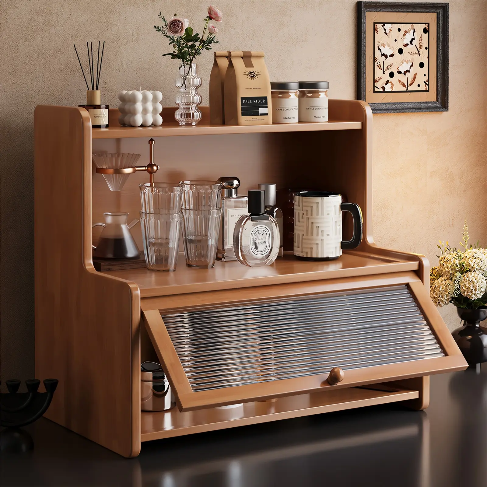 Premium Natural Wood Desktop Organizer with Fluted Glass Door, Multi-Layer Storage Cabinet with Doors for Coffee Bar, Makeup & Home Office