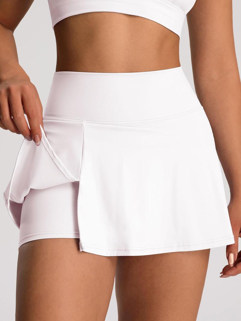 Women's Solid Color High Waist Sports Skort, Sporty Overlap Waist Mini Skirt with Panty, Ladies Sportswear for Tennis Golf Workout, Lightweight Athletic Skirts