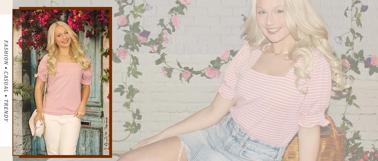 WIHOLL Tops for Women Summer Casual Ruffle Trim Sleeve Square Neck T Shirts WIHOLL Tops for Women Summer Casual Ruffle Trim Sleeve Square Neck T Shirts