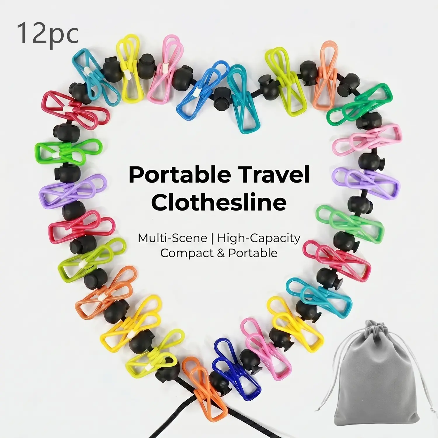 Retractable Portable Clothesline for Travel, Clothing line with 12 Clothes Clips, for Indoor Laundry Drying line, Outdoor Camping Accessories