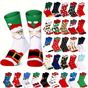 30 pairs of Christmas stockings - Pure cotton mid-calf socks for autumn and winter - 100% cotton Christmas stockings for men and women - Couple socks for lovers - Cute cartoon deer gift