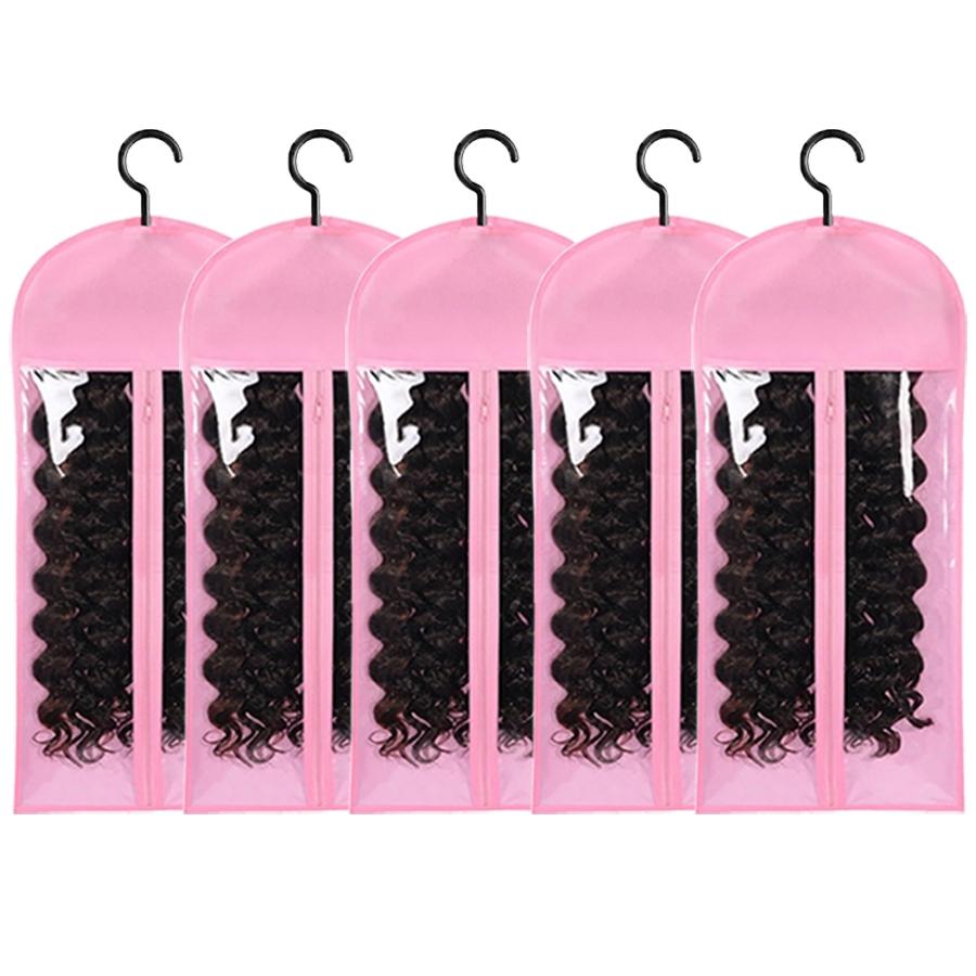 Wig Storage Bag with Hook, 5 Counts/set Synthetic Hair Extensions Transparent Dustproof Wig Storage Bag for Hair Replacement, Curly Hair Extension Holder, Wig Tool, Wigs Accessories for Salon & Home Use