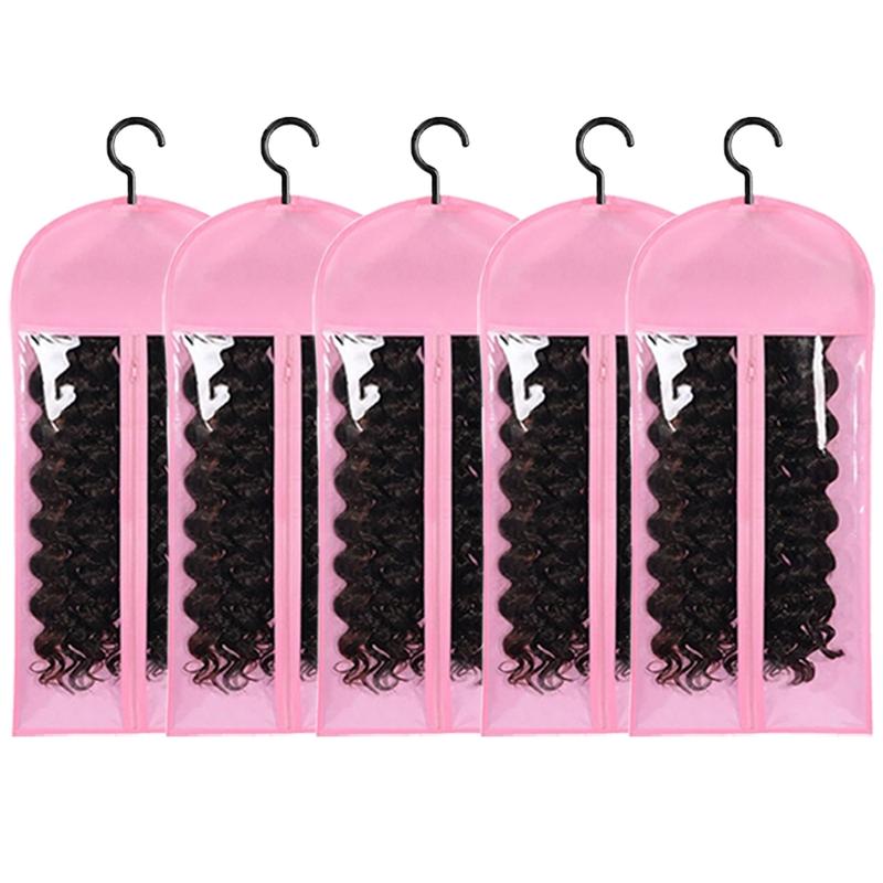 Wig Storage Bag with Hook, 5 Counts/set Synthetic Hair Extensions Transparent Dustproof Wig Storage Bag for Hair Replacement, Curly Hair Extension Holder, Wig Tool, Wigs Accessories for Salon & Home Use