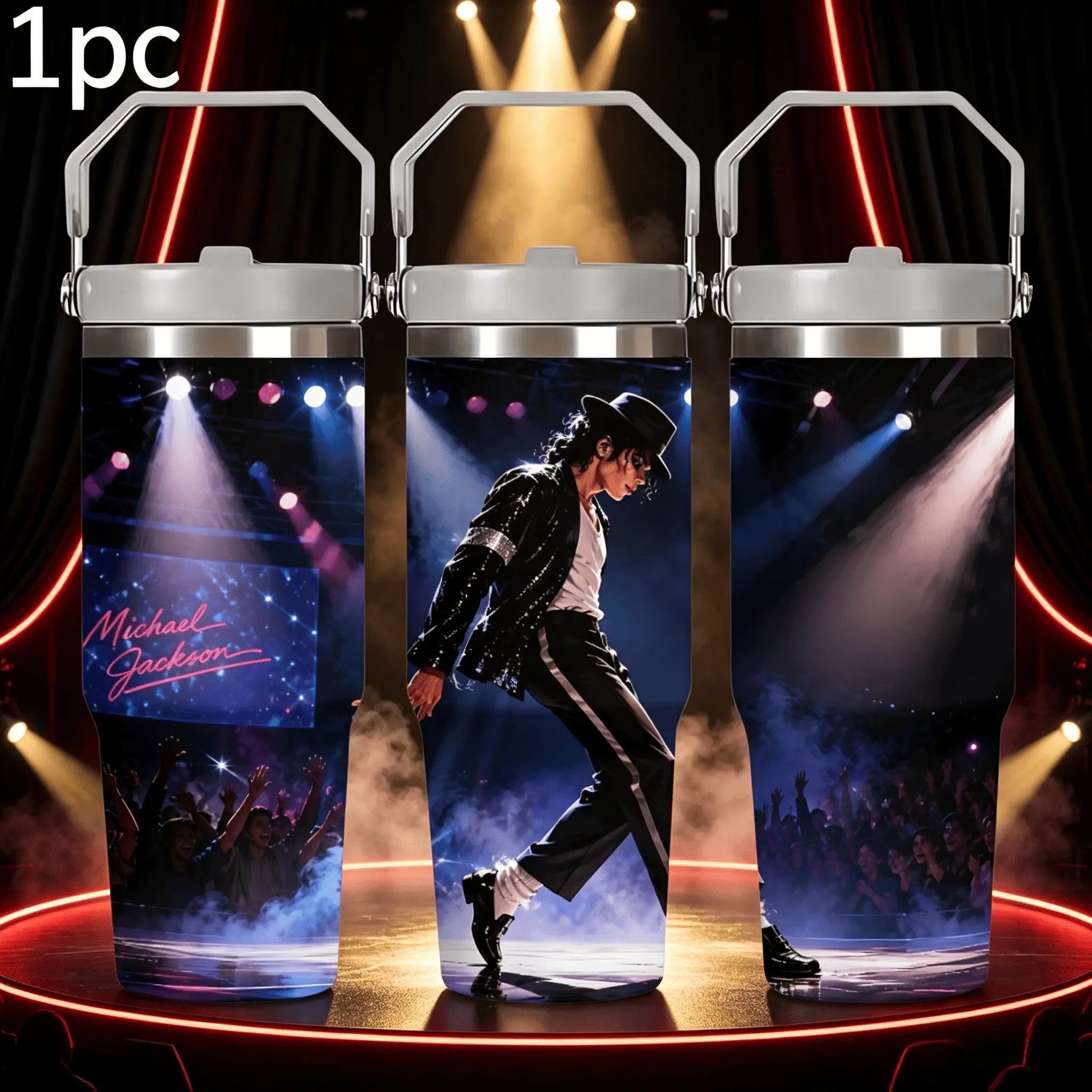 1pc 30oz Stainless Steel Travel Tumbler with Handle & Straw, Michael Jackson Moonwalk Print, Insulated Cup, Reusable, Ideal Gift for Pop Fans