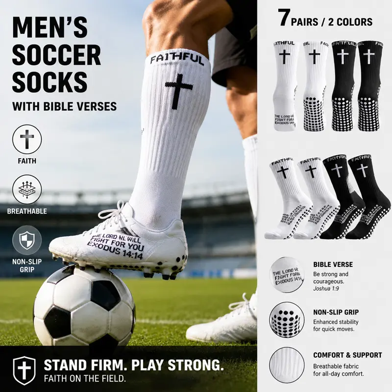 Men's Christian Knitted Athletic Crew Socks (7 Pairs) - Adults' Plain & Mixed Styles with Bible Verses, Crosses, Anti-Slip Grip Top for Sports