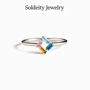 Baguette Birthstone Ring - 3-6 Selectable Gemstones, Minimalist Handmade Custom Family Ring, Personalized Gift for Engagement, Birthday