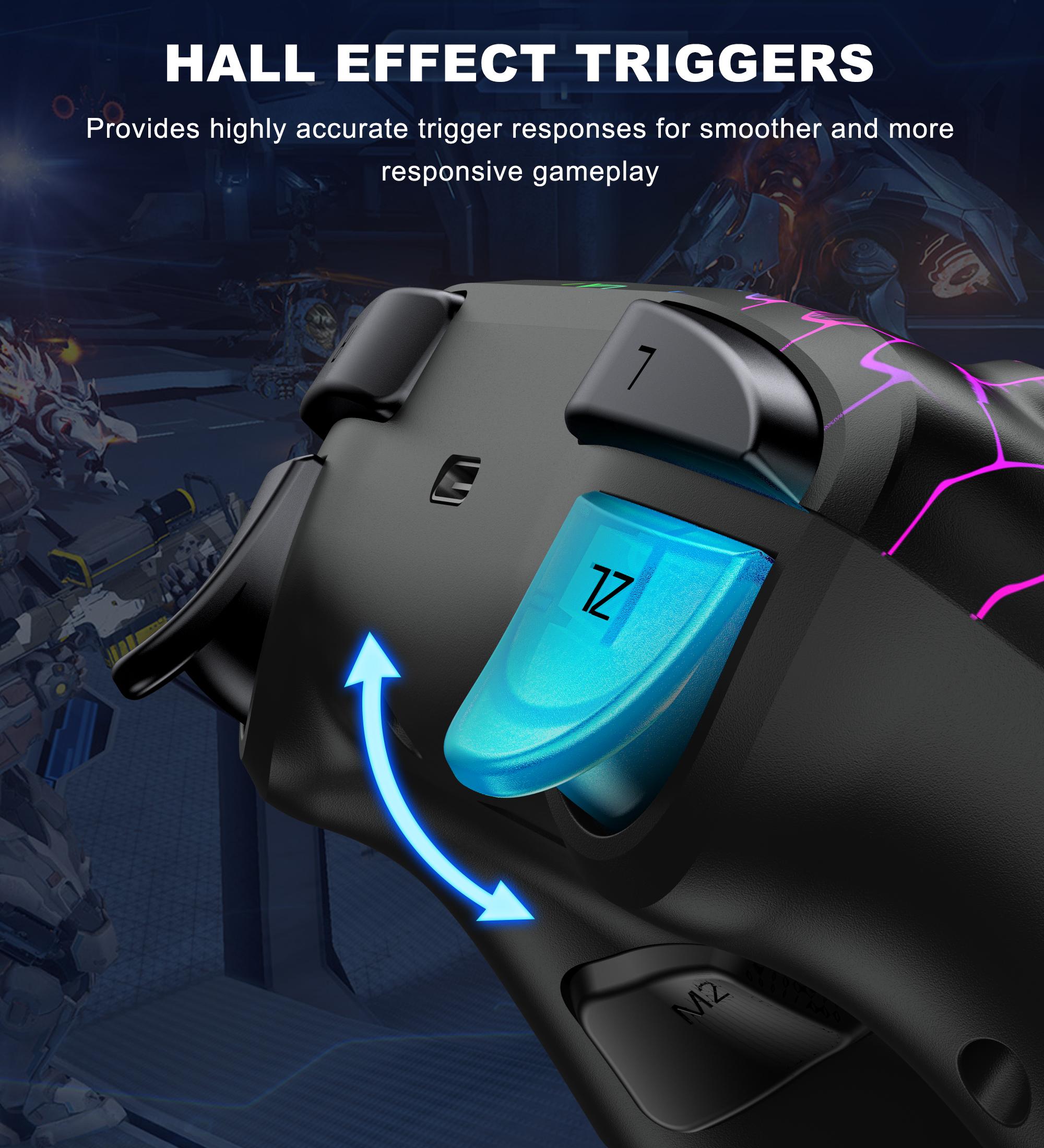 Suitable for Windows PC/Switch controllers, and compatible with Android/IOS system devices, Hall analog triggers and Hall effect joysticks provide precise control operations, with macro programming, Turbo, and vibration adjustment functions