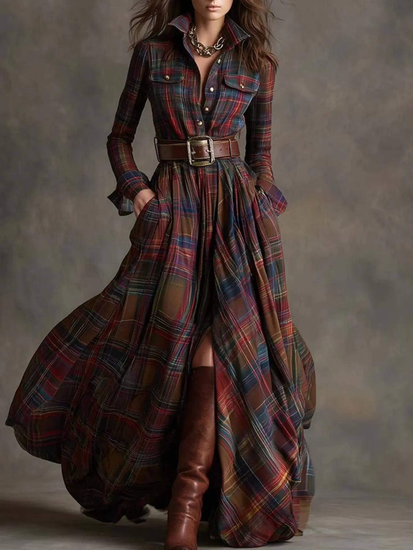 2026 Spring Summer New British Retro Colorful Plaid Shirt Dress, Long Sleeve Collar Belt Waist Midi Dress, Casual Split Hem Dress
