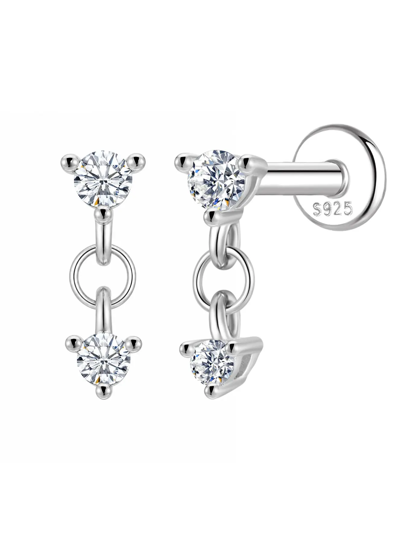 VORA 18K Gold Plated S925 Sterling Silver D Color VVS Synthetic Diamond Moissanite Flatback Stud Earring | Sparkly Graduated Dual Stone Internally Threaded Cartilage Helix Piercing | 100% Waterproof Perfect Holiday Gift