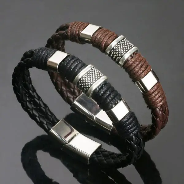 Men's Retro Braided Bracelet, Minimalist Double Layer Wristband with Geometric Design in PU Leather for Daily Wear, Unique Father's Day Gift, Artificial Leather, Casual, Yes, Male