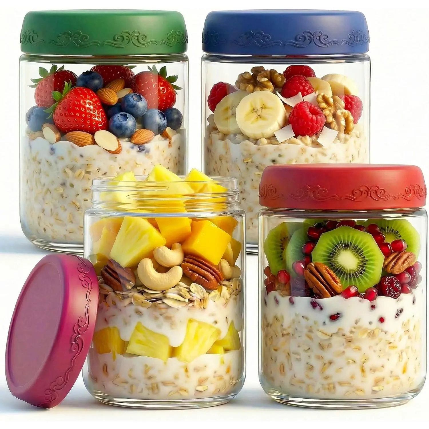 16 OZ 4Pack, Overnight Oats Jars with , Glass Meal Prep Containers, Airtight Mason Jars for Breakfast, Yogurt Parfait, Salad & Smoothies, Leakproof and   Storage Jars(4-1)