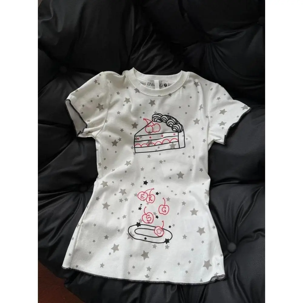 Women American Retro Sweet Star Print T-shity Cute Cake Cherry Graphic Print Slim Tees Summer Y2k Aesthetics Fashion Tops New