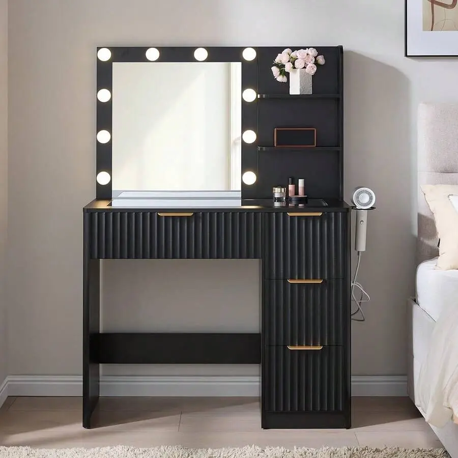 36.2 Inch Fluted Vanity Desk With Mirror And Adjustable LED Lights, Elegant Makeup Vanity With Glass Top, 4 Drawers, And-In Charging Station Bedroom Or Dorm, Ideal Women And Girls