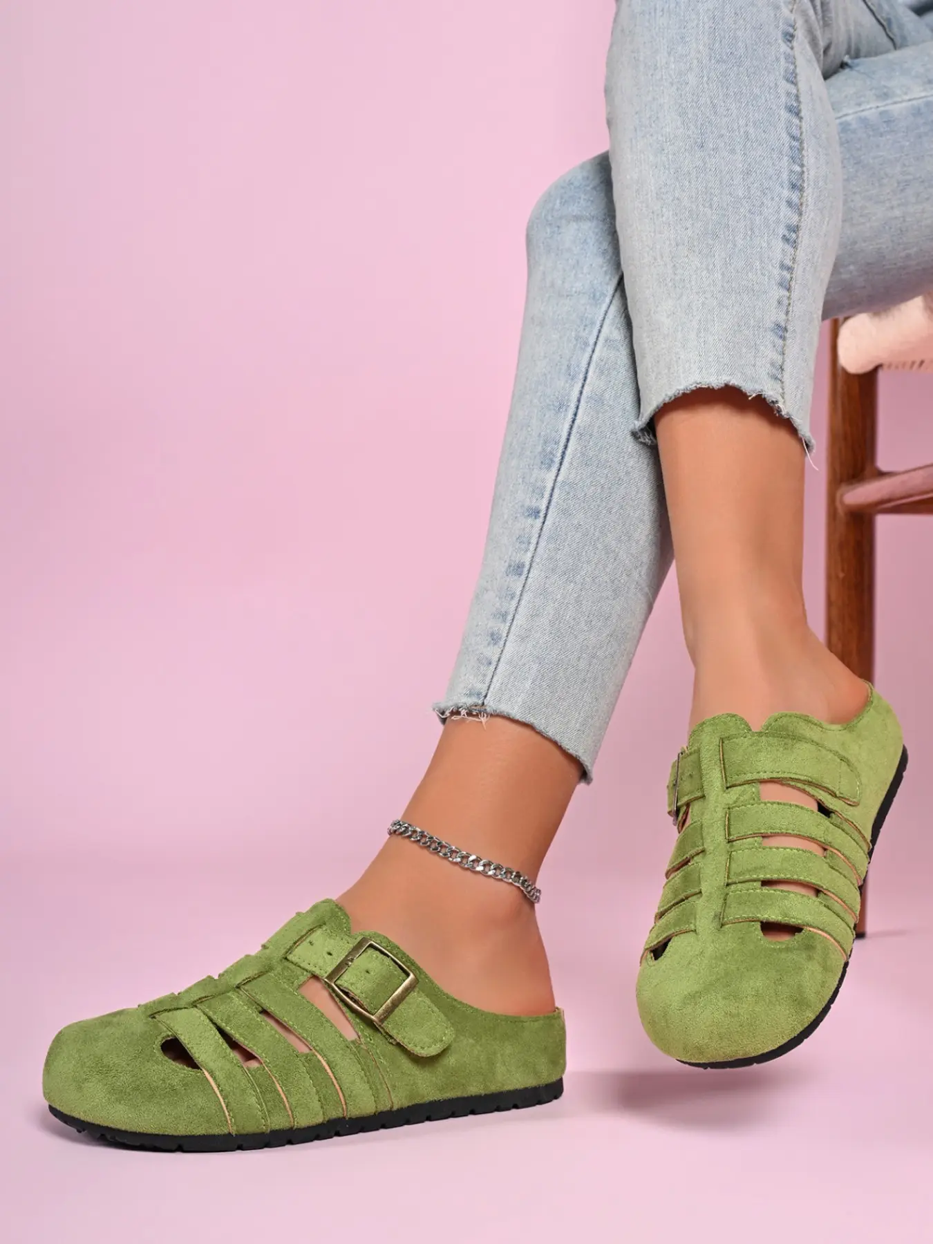 Women's Faux Suede Multi Strap Hollow Cutout Adjustable Metal Buckle Closed Toe Slip-On Flat Mule Sandals Soft Cushioned Arch Support All Day Walking Retro Outdoor Casual Footwear Mustard Yellow, Casual Mules