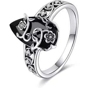 Vintage Pear Cut Black Onyx Ring for Women Sterling Silver Oxidized Floral Vine Band Gothic Engagement Rings Retro Baroque Statement Jewelry