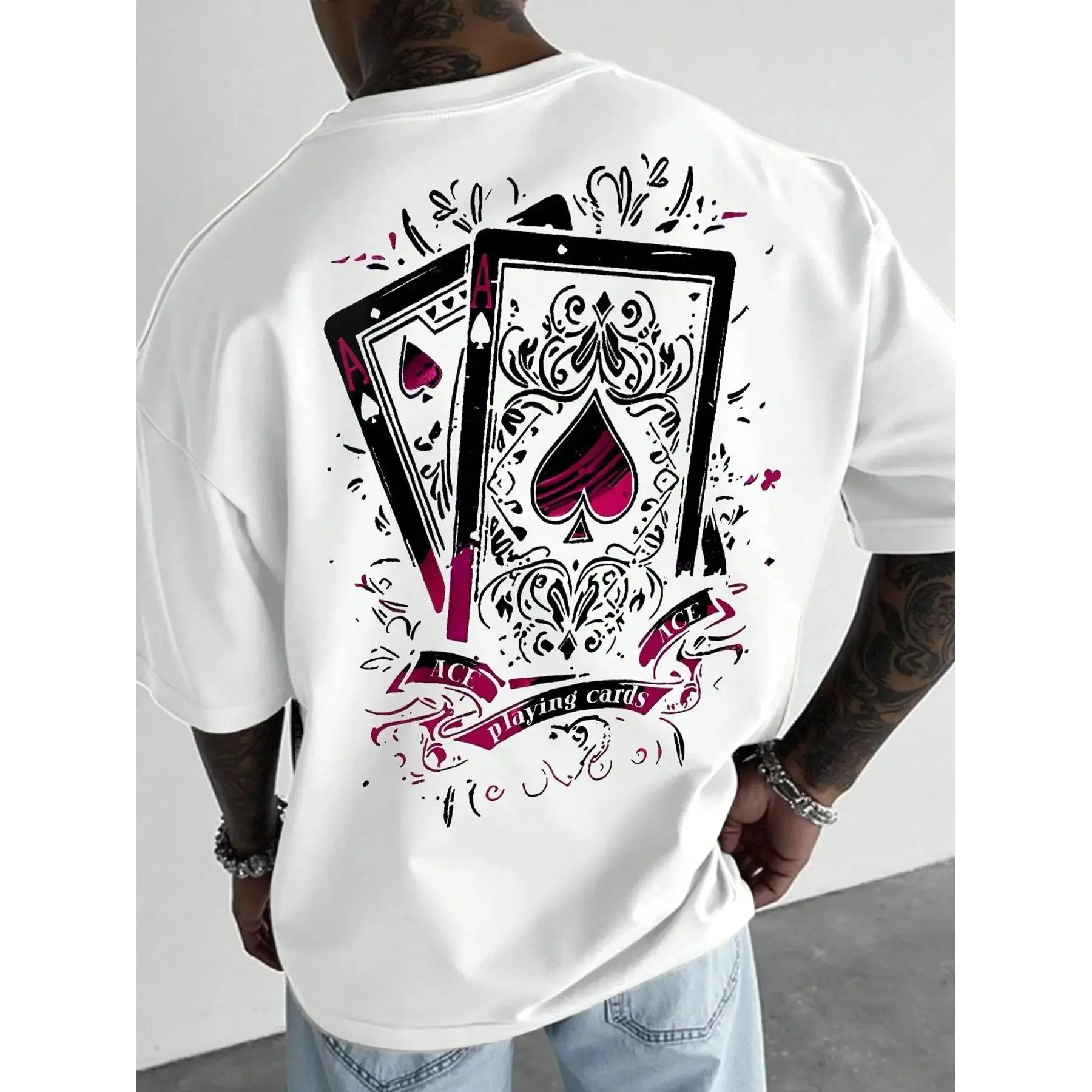 Men's Basic Cotton Baggy Short-Sleeve T-Shirt - Vintage Street Style Ace of Spades Poker Graphic Print, Cargo-Inspired Loose Versatile Top for Hip-Hop Streetwear & Daily Wear, Sneakers, Tshirt, Thick, Soft, Tee, Natural, Joggers, Valentines Day, Fabric, P