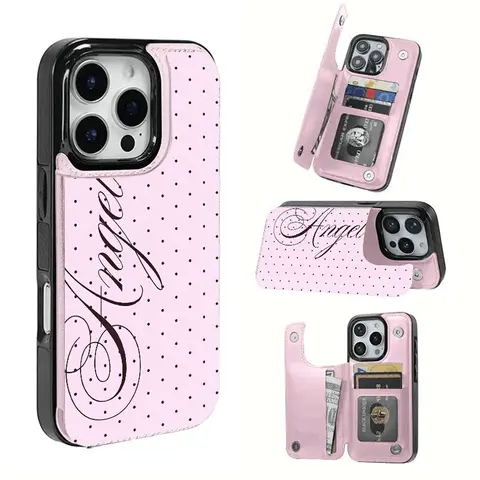 Pink Polka Dot Letter Card Holder Smartphone Case for iPhone 13-18 Series, Soft TPU Shockproof Protective Cover with Bank & Transit Card Slots, Handheld Mobile Phone Casing, Ideal Gift for Girls, Mobile Accessories
