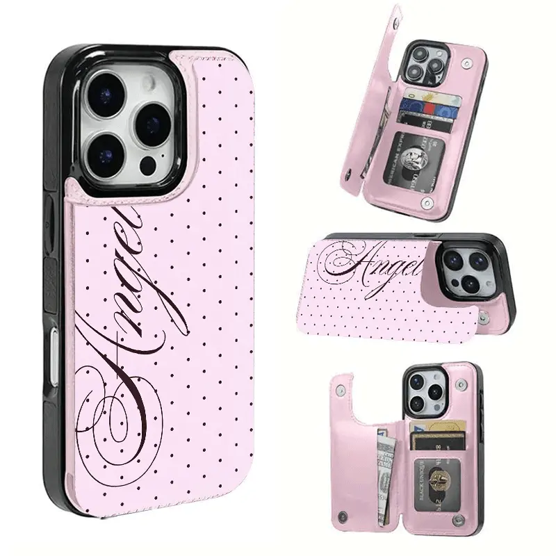 Pink Polka Dot Letter Card Holder Phone Case - Phone Accessory for iPhone 17-13 Series, Protective Cellphone Cover with Pocket for Bank & Transit Cards, Soft TPU Cover, Ideal Gift for Girls