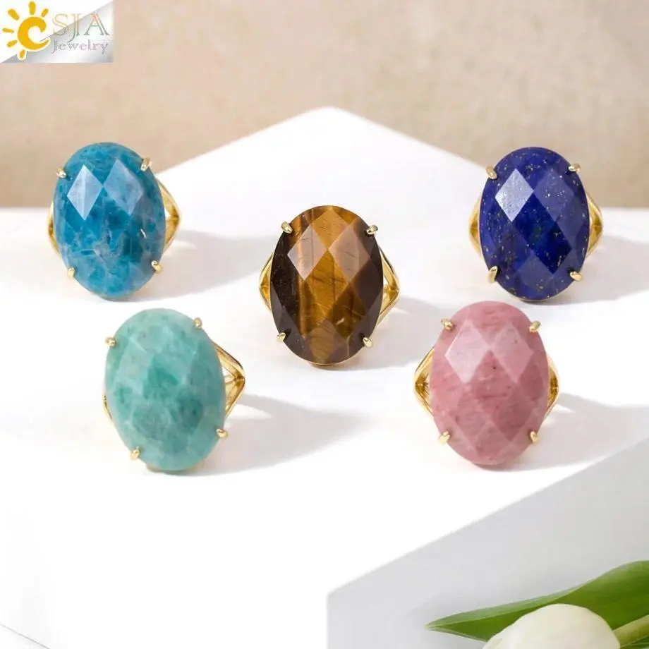 CSJA Women's Natural Stone Rings Adjustable Multifaceted Egg Shape Cabochon Crystal Charm Fashionable Finger Ring Jewelry H877