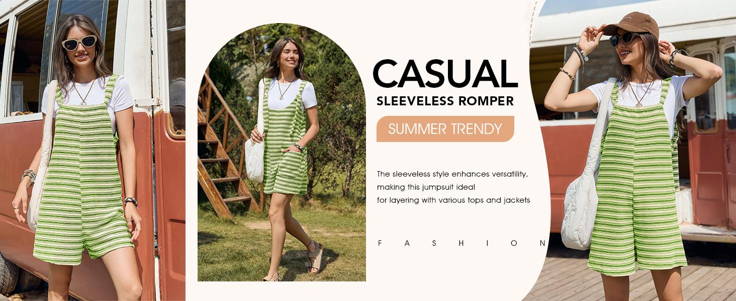 Yousify Women's Striped Sleeveless Romper Loose Fit Tied Shorts Jumpsuit with Pockets for Summer & Fall Casual Wear Scoop Neck Adjustable Drawstring Wide Legs